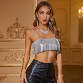 Fringe Detail Square Neck Open Back Crop Tank Top - Silver