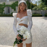 Minikleid Aus Satin Mit Puffärmeln Und Strassbesetzter Schnürung - Weiß