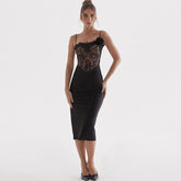 Bodycon-Cocktail-Midikleid mit Blumenspitze und Korsett - Schwarz
