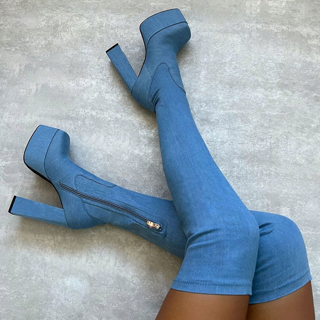 Minimalist Denim High Heel Platform Over Knee Boots - Jean Blue â Omcne