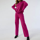 Long Sleeve Sweater Wide Leg Pants Matching Set - Hot Pink