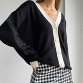 Contrast Color Rib Knit Long Sleeve Cardigan - Black