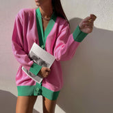 Contrast Color Rib Knit Long Sleeve Cardigan - Pink