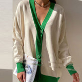 Contrast Color Rib Knit Long Sleeve Cardigan - Beige