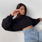 Long Sleeve Mock Neck Cropped Sweatshirt - Black