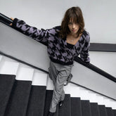 Houndstooth Pattern Long Sleeve Cropped Cardigan - Purple