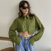 Long Sleeve Pointed Collar Cropped Shirt - Green