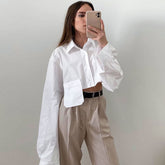 Long Sleeve Pointed Collar Cropped Shirt - White