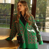 Print V Neck Long Sleeve Ribbed Cardigan - Pink Green