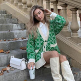 Print V Neck Long Sleeve Ribbed Cardigan - Green