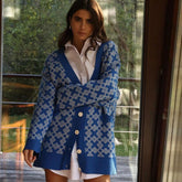 Print V Neck Long Sleeve Ribbed Cardigan - Blue