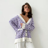 Print V Neck Long Sleeve Ribbed Cardigan - Purple