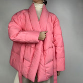 Long Sleeve Belted Puffer Jacket - Coral Pink
