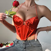 Sweetheart Transparent Mesh Satin Crop Korsett Top - Orange Rot