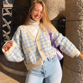 Preppy Hahnentrittmuster V-Ausschnitt Langarm Cardigan - Blau