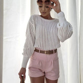 Pretty Crochet Knit Bishop Sleeve Crew Neck Sweater - White