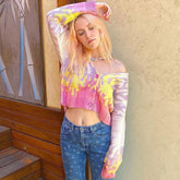 Kurzer Cardigan mit Flammen-Print und V-Ausschnitt und langen Ärmeln - Rosa