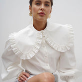 Ruched Ruffle Peter Pan Collar Bishop Sleeve Blouse - White