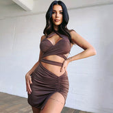 Crossover Crop Top Skirt Matching Set - Coffee