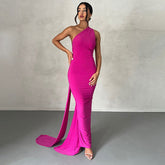 Einfarbiges, Ein-Schulter-Maxikleid Mit Rüschen - Pink