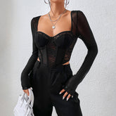 Sweetheart Langarm Blumenspitze Transparent Mesh Korsett - Schwarz