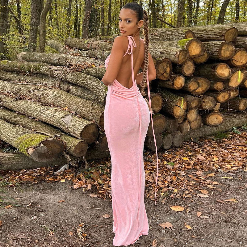 Sexy Tie Shoulder Cowl Neck Ruched Trim Backless Sheer Maxi Dress - Pink Omcne Sexy Tie Shoulder Cowl Neck Ruched Trim Backless Sheer Maxi Dress - Pink Omcne