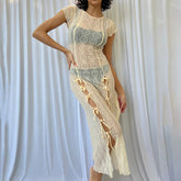 Transparentes Spitzenmuster Rundhalsausschnitt Flügelärmel Schleife Urlaub Midikleid - Aprikose