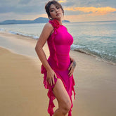 Ärmelloses Clubkleid aus transparentem Netzstoff mit 3D-Blumenrüschenbesatz - Pink