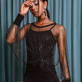 Shimmering Crystal Fishnet Bishop Sleeve Boat Neck Top - Black