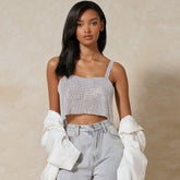 Glitzerndes, kurzes Tanktop aus Metall mit quadratischem Ausschnitt und Strasssteinen - Silber