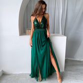 Vestido largo de noche con escote en V profundo, malla y paneles de lentejuelas brillantes - Verde esmeralda