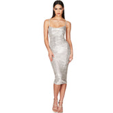 Glitzerndes, figurbetontes Cocktail-Midikleid mit Pailletten - Silber