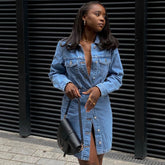 Street Style Langarm-Jeans-Midikleid - Blau