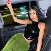 Street Style Croco Embossed Halter Neck Crop Top - Black