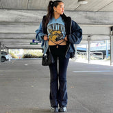 Pantalones acampanados ajustados con cortes de pierna ancha y color liso de estilo urbano - Negro