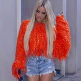 Suéter corto de manga larga con flecos de pelo y tejido a crochet - Rojo