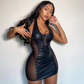 Vestido corto de club con encaje y panel de malla sensual - Negro