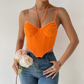 Trendy Neckholder-Bustier, gebogen, ärmellos, Netz-Crop-Korsett-Top – gebranntes Orange