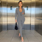 Mono moderno de manga larga con cremallera frontal y estampado de pata de gallo - Negro