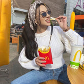 Suéter corto moderno con cuello redondo y mangas de obispo - Blanco