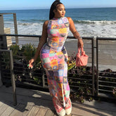 Unique – Ärmelloses Maxikleid mit hohem Ausschnitt, Schlitz und Blotter-Print - Mehrfarbig