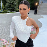 Body único de manga larga con un solo hombro y giro frontal - Blanco