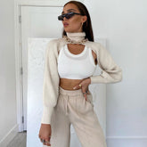 Suéter corto de punto acanalado, manga larga y cuello alto, único, blanco