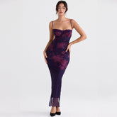 Vintage Blumendruck Mesh Panel Mit Schnürung Hinten Maxikleid - Schwarz