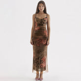 Vintage Blumendruck Gerafftes Mesh Korsett Slip Bodycon Maxikleid - Braun