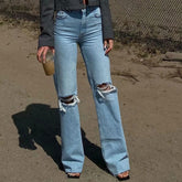 Vintage High Waist Cut Out Ausgefranste Straight Leg Jeans - Hellblau
