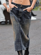 Langer Jeansrock im Vintage-Patchwork-Stil im Used-Look