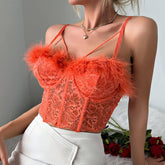 Whimsical Fur Sweetheart Neck Transparent Lace Crop Korsett Top - Orange