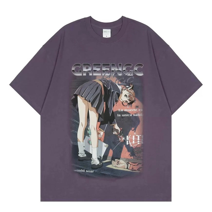 Camiseta de chica de anime con escena del crimen 