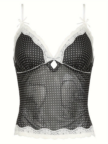 Y2K-Inspired Lace Bow Cami Top with V-Neck & Polka Dot Mesh - Stretchy, Breathable Fabric for All Seasons
